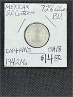 Rare 1942 Mo Mexico Silver 20 Centavos BU MS+ Hige