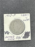 Rare Better Date1912 D Liberty Head V Nickel VG