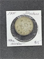 Rare Early 1921 Mexico SIlver 50 Centavos Coin