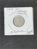 Rare Early 1919 Mexico SIlver 20 Centavos Coin