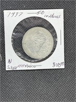 Rare AU High Grade 1937 Silver Mexico 50 Centavos