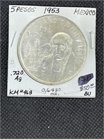 Rare 1953 Mexico Silver 5 Pesos Ano de HidalgoMS e