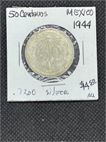 Rare 1944 Mexico Silver 50 Centavos AU/MS High Gre