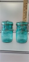 2 vintage blue ball ideal pint canning jars with