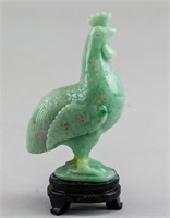 Burma Green Jadeite Carved Rooster Statue & Stand