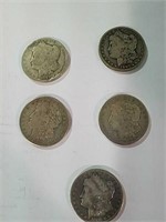5 Morgan silver dollars 1888, 1897, 1889, and