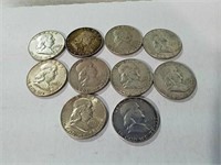 10 Franklin half dollars various dates 1951- 1963