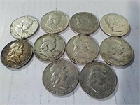 10 Franklin half dollars various dates 1950 to