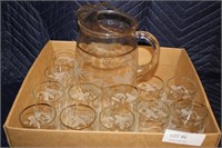 ETCHED GLASS PITCHER AND 12 GLASSES