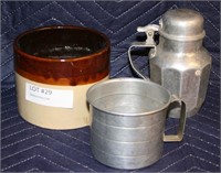 VINTAGE TIN CUP, PITCHER AND BUTTER CROCK