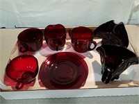 Red depression glass creamer and sugar, cup and