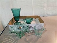 Teal colored depression glass vase, Sugar Bowl,