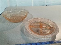 Pink depression glass bowl and divided relish