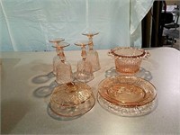 Pink depression glass stemware, covered dish and