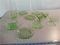 Green depression glass small plates, cups