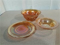Carnival glass small bowl, sauce dish and saucer