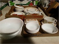 Two boxes Corelle and two pieces Pyrex