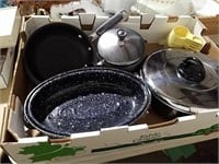 Graniteware roaster, skillet and pans, tupperware