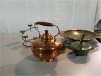 Copper kettle, signed metal decorative dish,