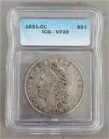 1891-CC Morgan Dollar: ICG VF30