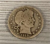 1913- D US Silver Barber Quarter
