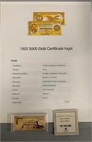 1922 $500 Gold Layered Certificate Ingot