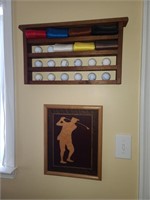Wooden golf picture, wooden Shelf with golf balls