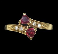 14K Yellow gold heart shaped double ruby ring in