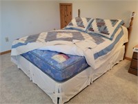 Queen sz oak bed w/ Restonic mattress & bedding