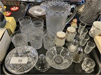 Clear Glass Pitcher & Cups, Salt & Pepper.