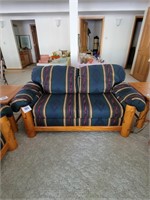 Pine love seat, Navajo design upholstery 69" w