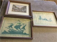 3 antique needlework framed pieces