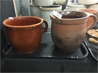 Two Redware crocks with handles.
