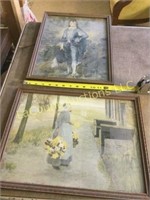 Antique framed prints girl boy