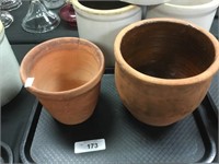 Redware pottery planter and crock.