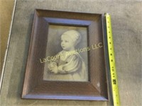 framed baby drawing  pricture oak wide wood framed