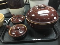 USA pottery casserole dish & 2 bean dishes.