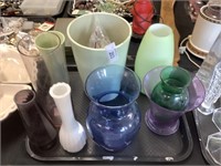 Pottery, colored glass vases.