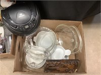 Box Lot Pyrex, ovenware, CD alarm clock.