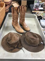 Lucchese Cowboy boots, 2 hats.