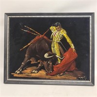 Black Velvet Matador Painting Bull Fighting Signed