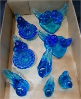 Flat of Blue Glass Birds , 2 are Candle Holders
