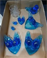 Blue Glass Bird Paperweights plus Clear Glass