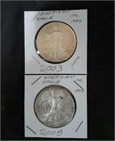 American Eagle 1oz Silver Dollar x2 2008 & 2003