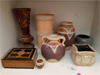 6 Southwestern Vases & Ornate Wood Box