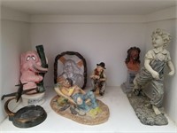 6 Ceramic Statues & 1 Metal Airplane Ashtray