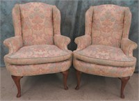 PAIR OF QUEEN ANN STYLE WING BACK ARM CHAIRS