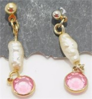 Gold Tone Fresh Water Drop Pearls with Pink Stone