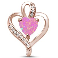 Rose Gold Plated Pink Opal Heart W/ Topaz Pendant