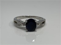 STERLING SILVER RING W SAPPHIRE & CZ